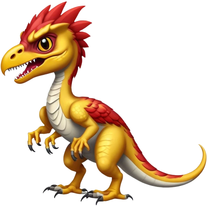 Angry winged velociraptor with golden skin and dark red eyes emoji