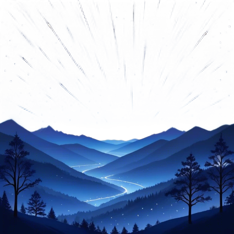 A mesmerizing night sky filled with falling stars, streaking across the dark expanse in bright trails of light. The sky is deep indigo, dotted with distant stars, while the shooting stars create a sense of magic and wonder. The landscape below is tranquil, with silhouettes of trees and mountains, adding to the peaceful, celestial atmosphere. Some of the falling stars are bright and large, while others are smaller, creating a dynamic, sparkling effect in the night emoji