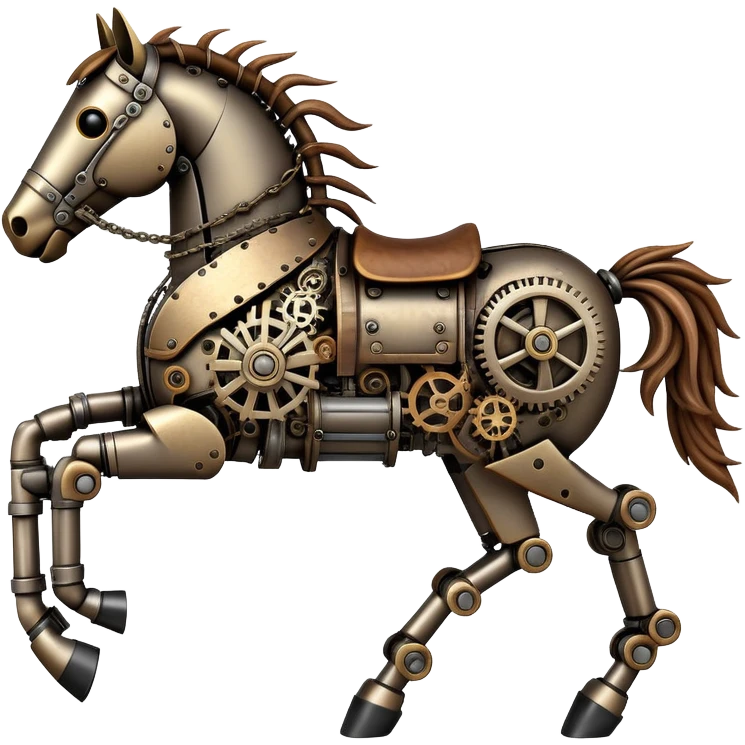 Horse made of visible mechanical parts with gears, cogs, wires, and rope components, steampunk style emoji