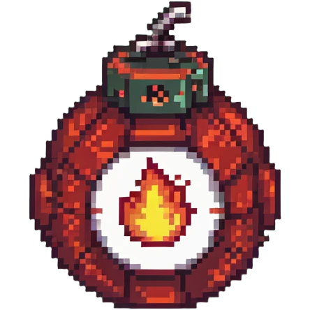 Red digital bomb with flame-shaped fuse on top, round bomb body with red highlights and details, pixel art style emoji