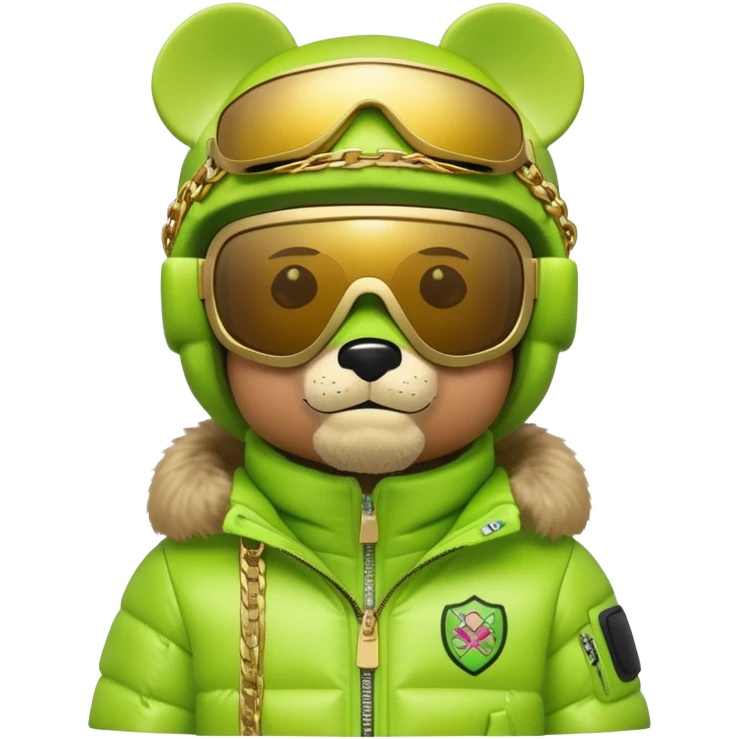 bearbrick wearing lime green balaclava with graffiti logos, futuristic shield visor sunglasses with single panoramic lens like ski goggles covering upper face, puffy fur jacket, gold chains emoji