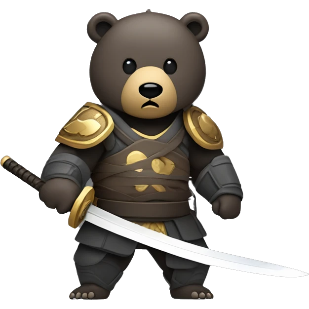 Create a 3-5 second looped animation of a brown or dark gray samurai bear in dark armor, reacting with disappointment as a gold or silver cryptocurrency coin falls. The bear ends by lowering its head or stabbing its katana into the ground in shame. emoji