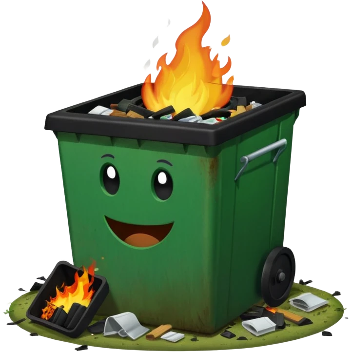 Green happy dumpster with an open black lid and a fire burning only inside it. there is litter and trash on the ground around it not burning emoji