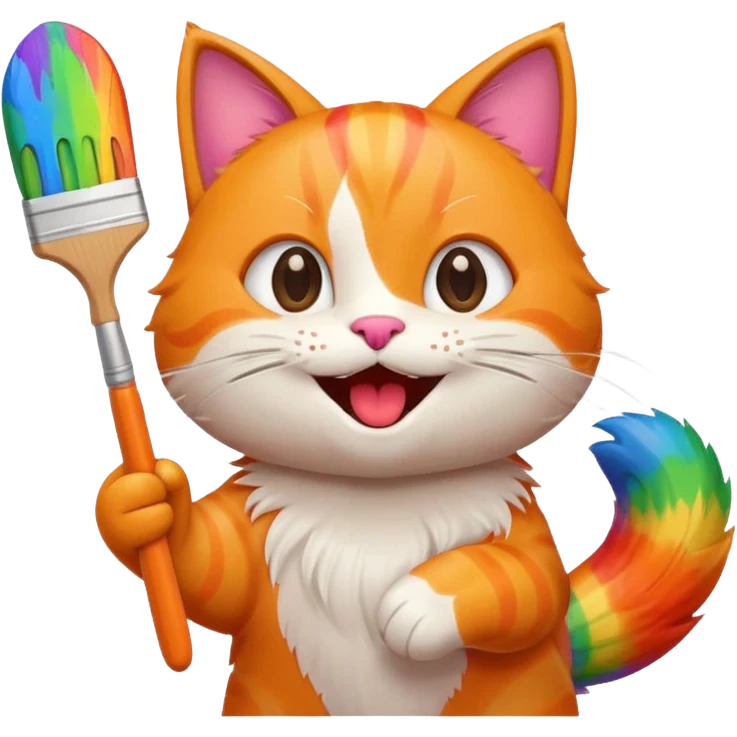 happy cat with a huge rainbow paintbrush, joyful expression, emoji style emoji