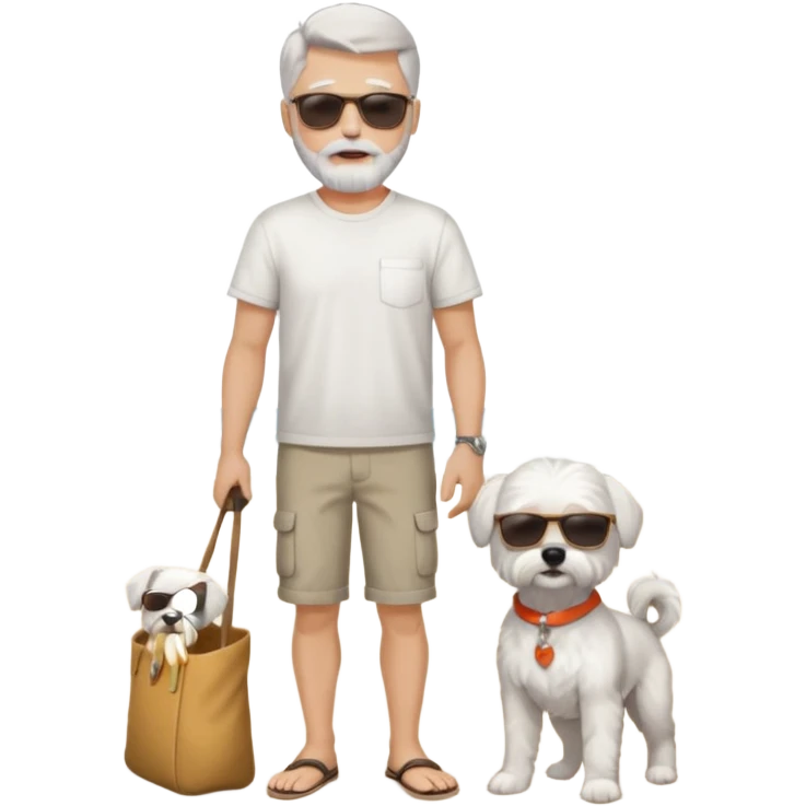 white man grey hair beard holding a white Maltese on a beach full body emoji
