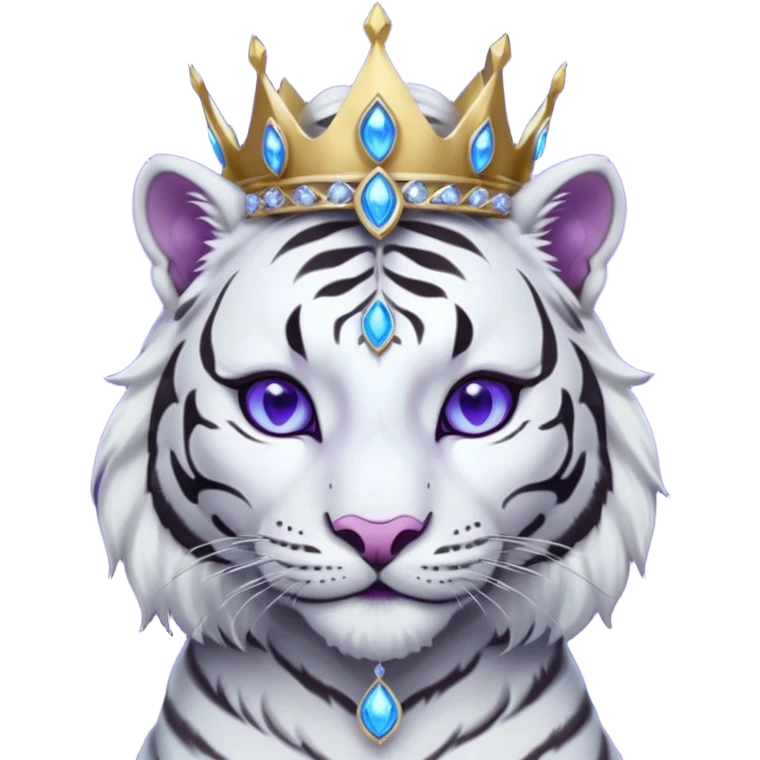 ESO Female white/black tiger khajiit leader of the umbral rose, glowing blue eyes, glowing blue 'third eye' gem; silver crown/tiara with purple gems emoji