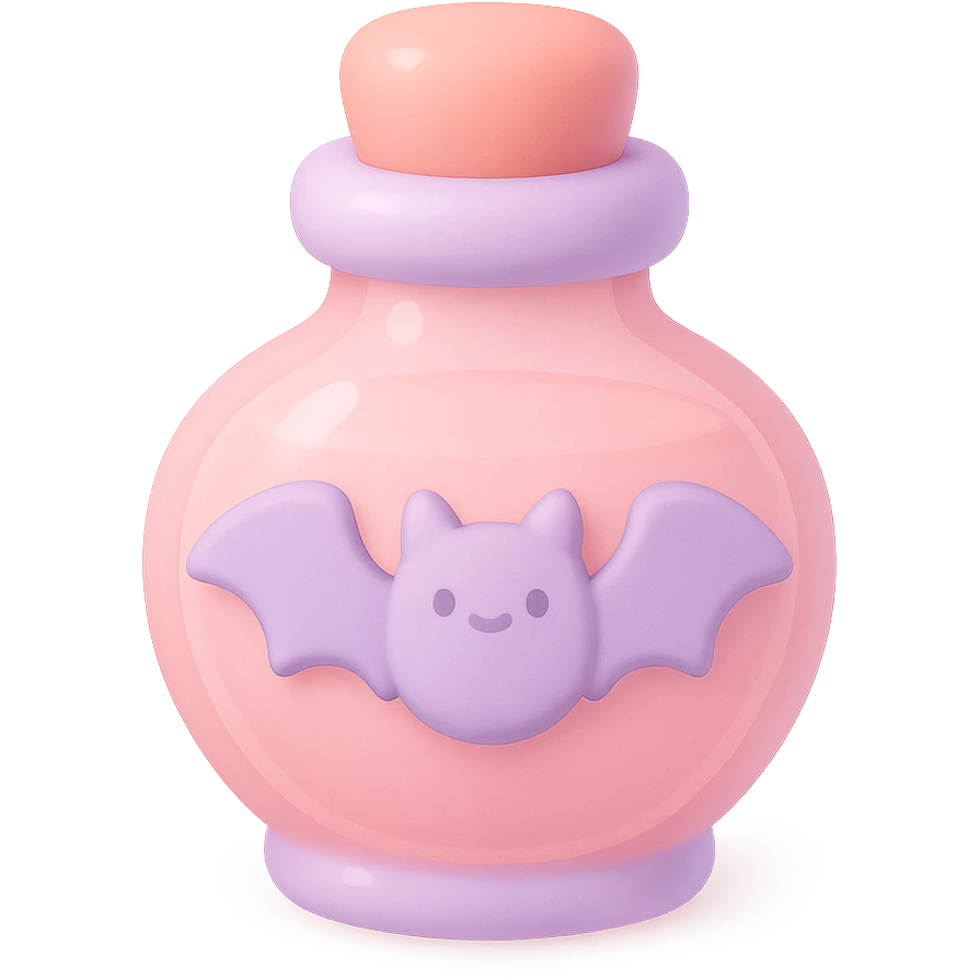 pink goth potion bottle with a bat motif, soft and cute gothic look, mochi style emoji