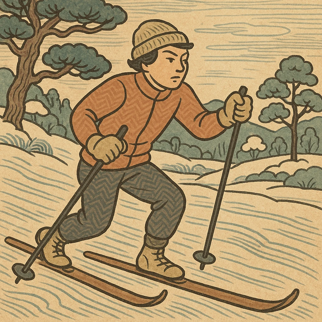 ukiyo-e style icon of a cross-country skier, serene winter scene, expressive lines, Japanese art influence emoji