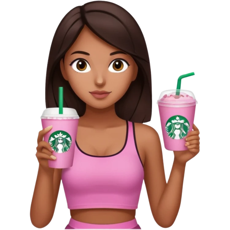 Chica de pelo café oscuro tirado a negro liso ojos cafés y ni tan blanca ni tan morena tomando un starbuck y tiene de ropa un top corto rosado  emoji