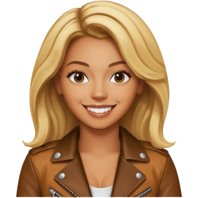 beyonce blonde hair jane wear leather jacket, smile happy emoji