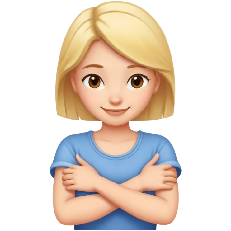 A girl smiling crossing her arms around her neck emoji