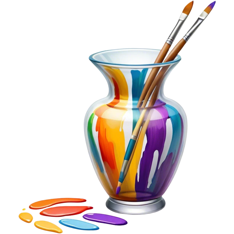 Glass painting icon, colorful brushstrokes on a glass vase, intricate painted patterns on the surface, visible fine paintbrush and palette beside it, no liquid inside the vase, minimalistic style, clean lines, transparent background. emoji