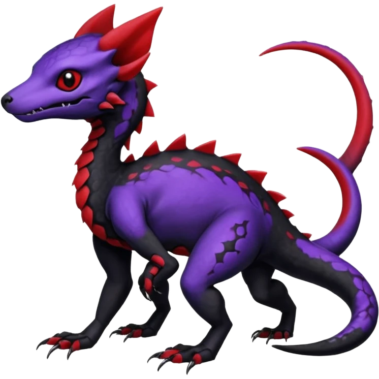 Rare realistic exotic edgy dark gothic gloomy spooky black and red/purple epic pretty beautiful handsome gorgeous aesthetic colorful vibrant Vernid-Trico-species-Fakemon-Salandit-hybrid-creature by LiLaiRa, 4 legs, 1 tail, random markings, (full body) emoji