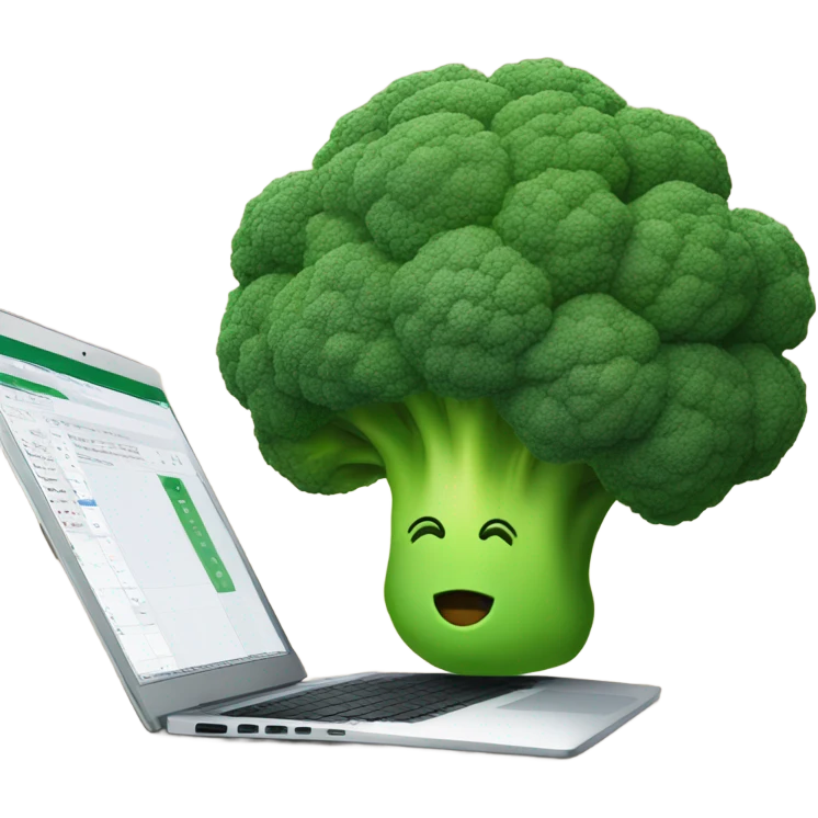 Generate a creative broccoli emoji sitting in front of a computer with a stylus, designing something on a screen. emoji