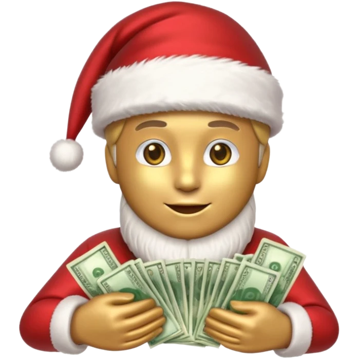 A confident rich emoji face wearing a Santa hat, money stacks, casino vibe, New Year theme, premium 3D emoji style, sharp details, no text, isolated on transparent background emoji