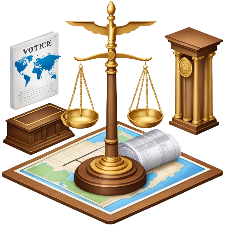 An icon featuring a ballot box with a voting paper, a government building with columns, and a scale of justice, symbolizing political science. The design includes a world map in the background, representing global political systems. Transparent background highlights governance and civic studies. emoji
