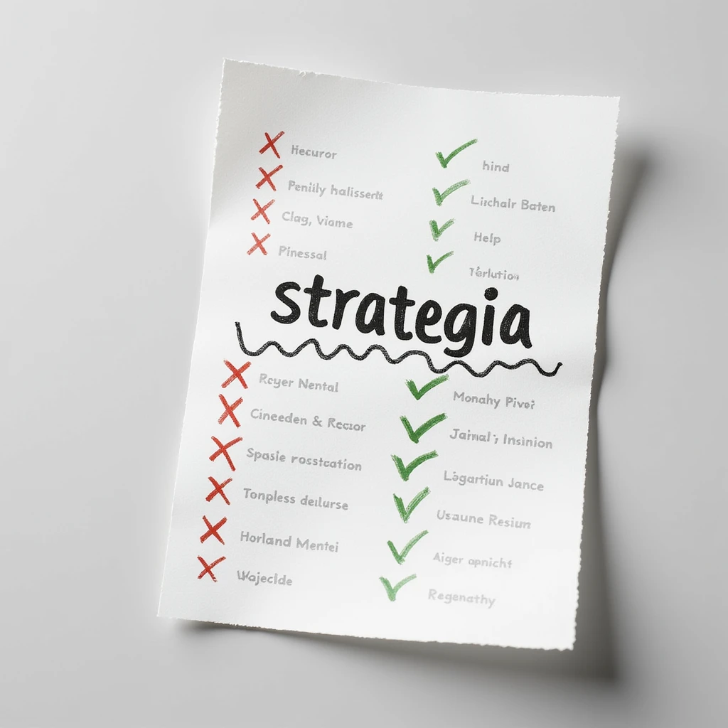 realistic 4K sheet of paper with the word 'strategia', a wavy line crossing the sheet with stages marked by red crosses and green check marks, hyperrealistic style emoji