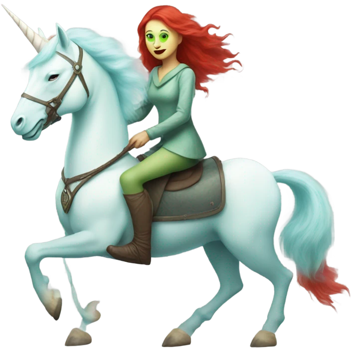[politically incorrect
	{ woman: alien, color: light green, hair:red, eyes:cat} ]
	on a 
	[{ unicorn: white, legged:four, mane: light blue }] emoji