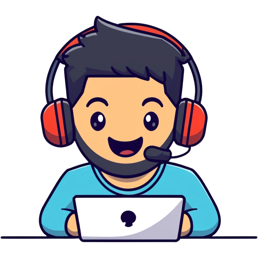 anime style laughing man with black hair, brown eyes, black beard wearing gaming headset emoji
