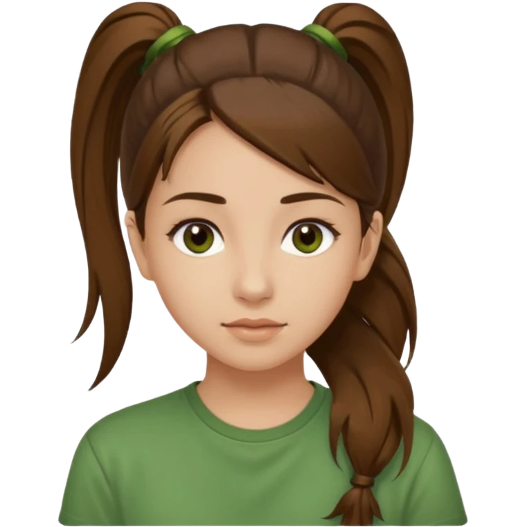 Make a zumba coach emoji, brown eyes, brown hair girl, green shirt withe "the roots" on it, longer pony tail hair emoji