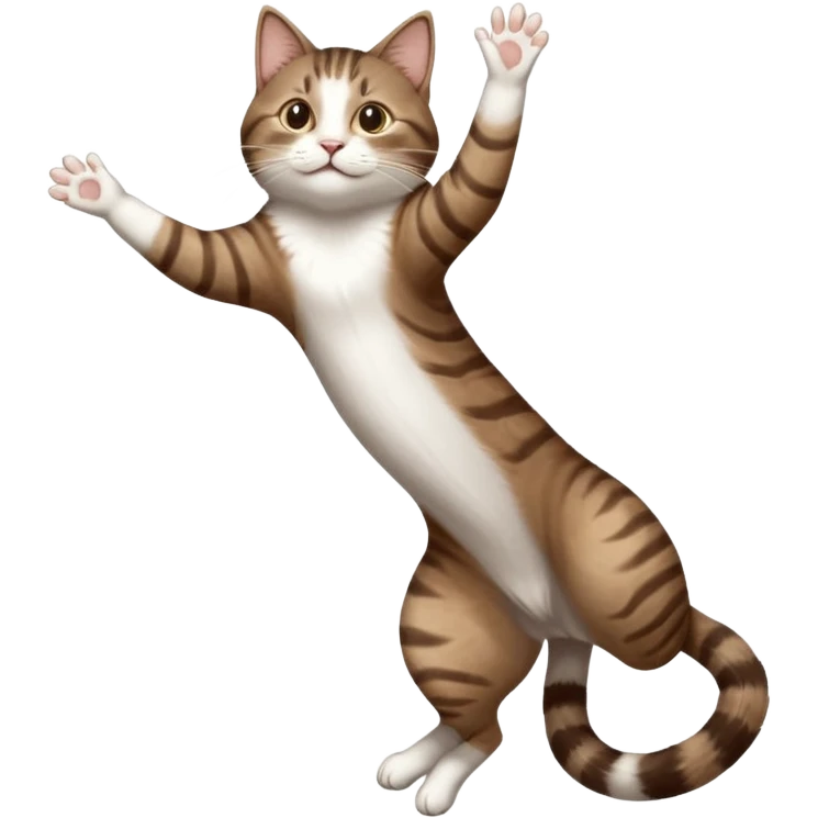 dark brown tabby and white cat with doing a big extremely long stretch reaching up into the air with arms and legs side by side together straight and overextended whilst lying on its side emoji