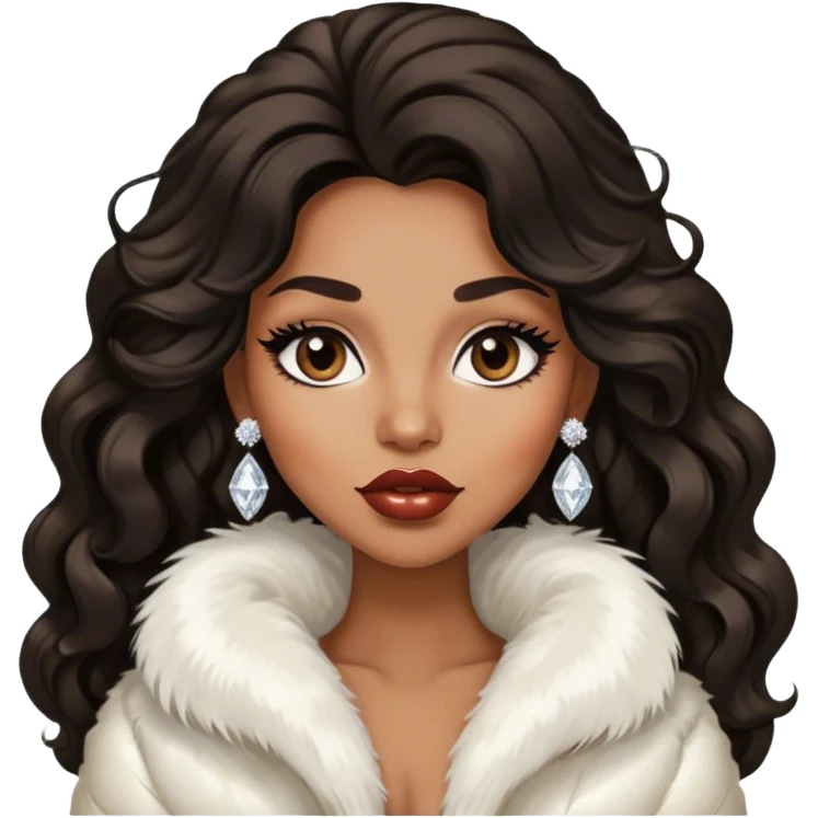 light brown skin tone, very beautiful woman, with big plump lips, long long lashes, black wavy long hair, brown eyes, white fur jacket, diamond earrings emoji