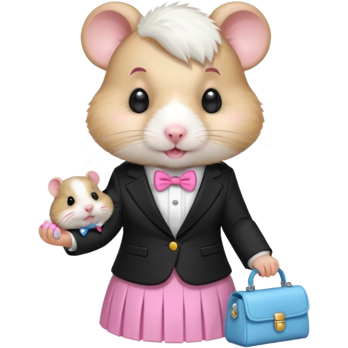 Mama hamster white wearing channel blazer n skirt with baby hamster with dummy in his mouth emoji