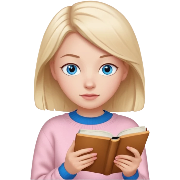 Pretty blue eyed white girl with light pink sweater reading cozy emoji