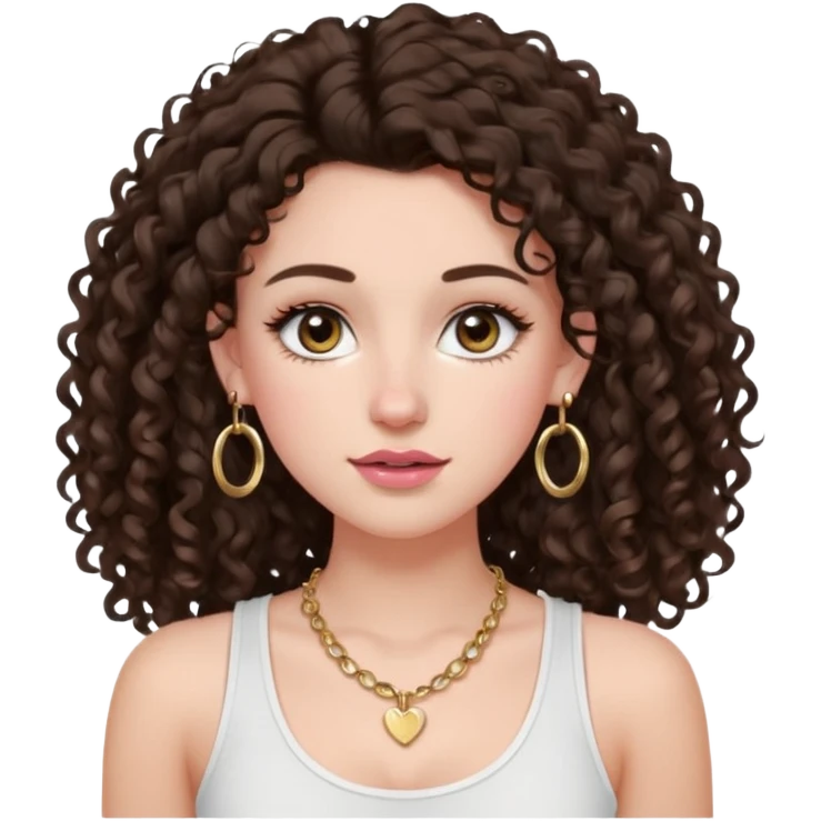 white girl with long dark brown curly hair with a little volume wearing a white tank top. Blush on the cheeks and big eyelashes and a brown-pink lip combo. gold hoops as earrings(medium size)  and a small gold hoop for a nose ring  and a square small denty gold necklace  emoji