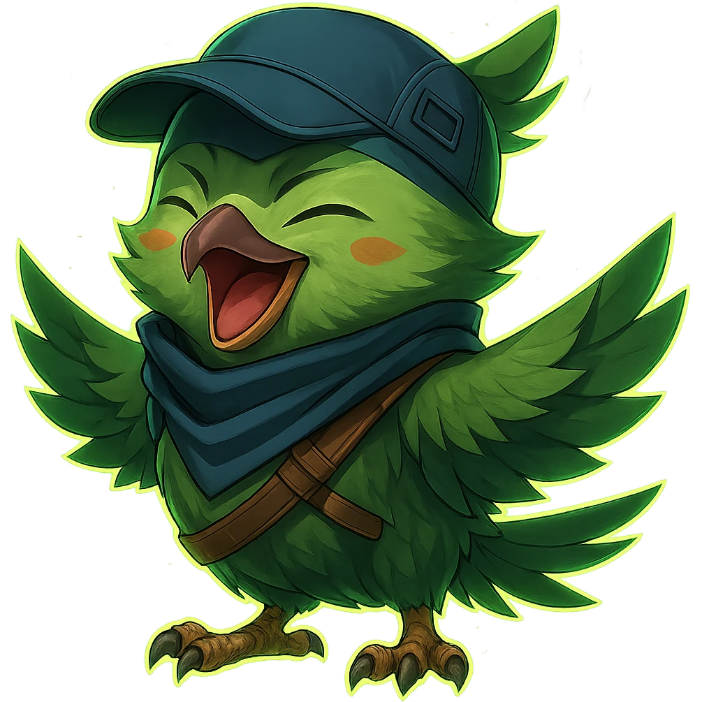 Add a glowing aura to the detailed anime style green bird inspired by Valorant agent Falko, happy expression, with no background. Preserve the detailed anime style and the green bird's characteristics. emoji