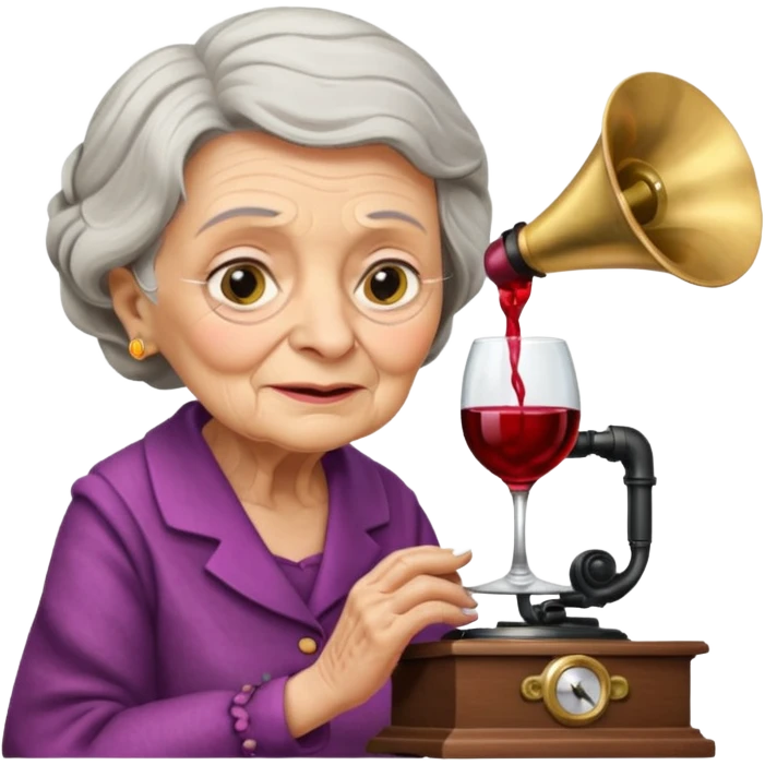 old lady with wineglass listening to gramophone emoji
