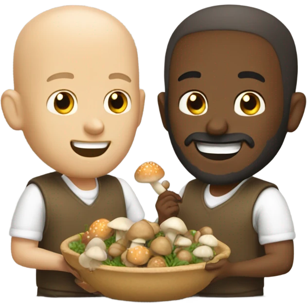 Bald white man with beard and curly brown man eating mushrooms emoji