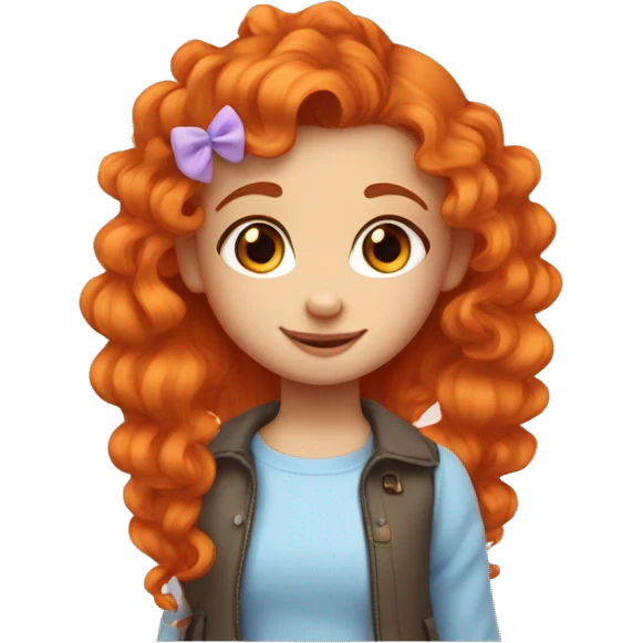 a Small girl with saturated orange hair that is curly and long but with a smaller pony tail on the said with a pink heart hair clip. blue eyes emoji