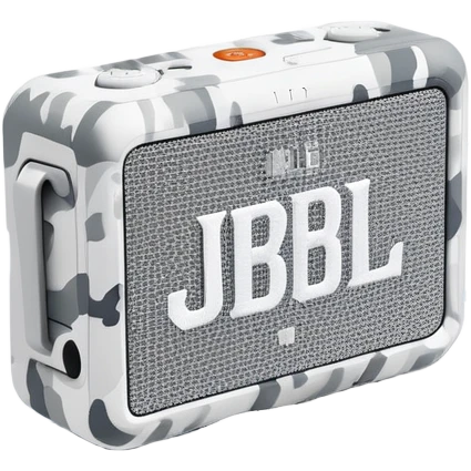 JBL Go 4 in arctic snow camouflage, white and gray pattern, minimal design, portable speaker, clean aesthetic emoji