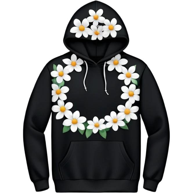 The BLACK Hoodie features a black base with distinctive white open flower spots with empty space in the middle, These hollow ring-like patterns are scattered across. emoji