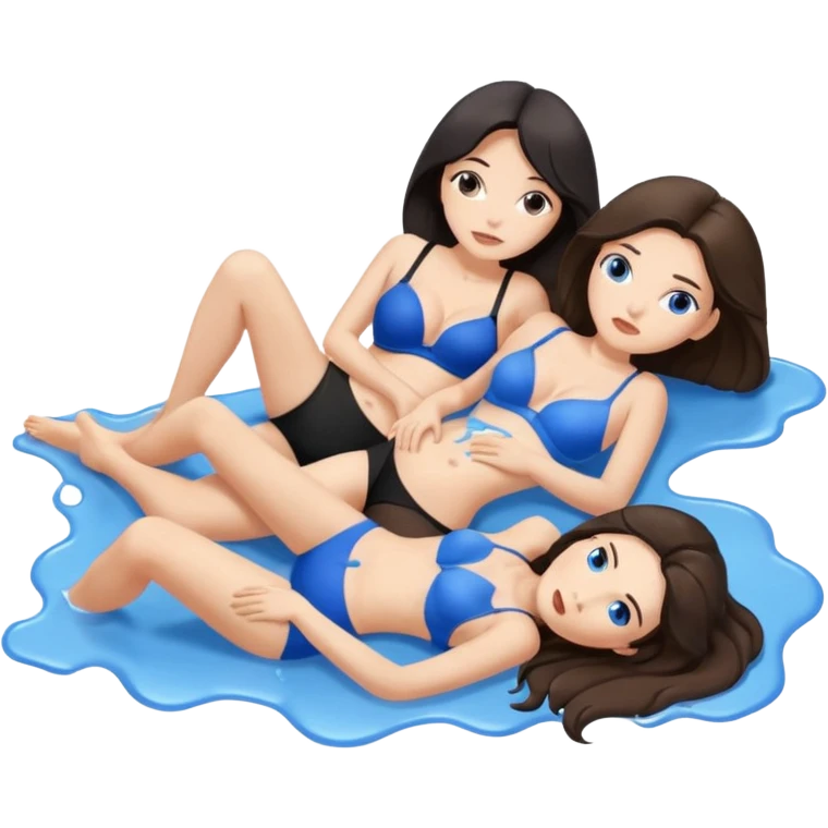 TWO only TWO white brunette women lying down full body melting into each other. one is wearing a blue bra and one is wearing a black bra. emoji