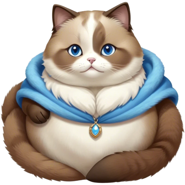 Cinematic Cute Chubby Brown Mantle Snowshoe Cat Portrait Emoji, Round and plump body, soft brown fur draped over its back like a luxurious coat, contrasted by fluffy white paws, chest, and an adorably chubby face, big, sparkling icy-blue eyes, Simplified yet irresistibly adorable features, highly detailed, glowing with a warm, cozy glow, high shine, curious yet calm, stylized with a touch of whimsy, bright and endearing, soft glowing outline, capturing the essence of a mischievous yet lazy and lovable kitty, so cuddly it feels like it could waddle right out of the screen for a snuggle! emoji