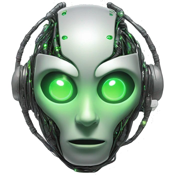 Round Alien cyborg head with glowing wires and green eyes  emoji