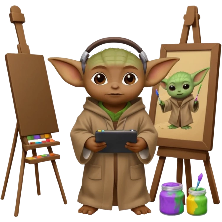 Baby Yoda in his brown robe listening music on his headphones, painting a picture on an easel and surrounded by paint pots. emoji
