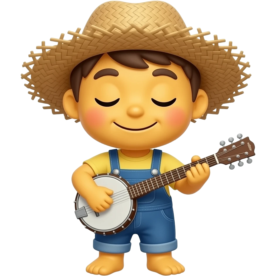 Little miniature yellow emoji smiling, mouth closed, wearing messy straw hat playing banjo, wearing coveralls, eyes closed emoji