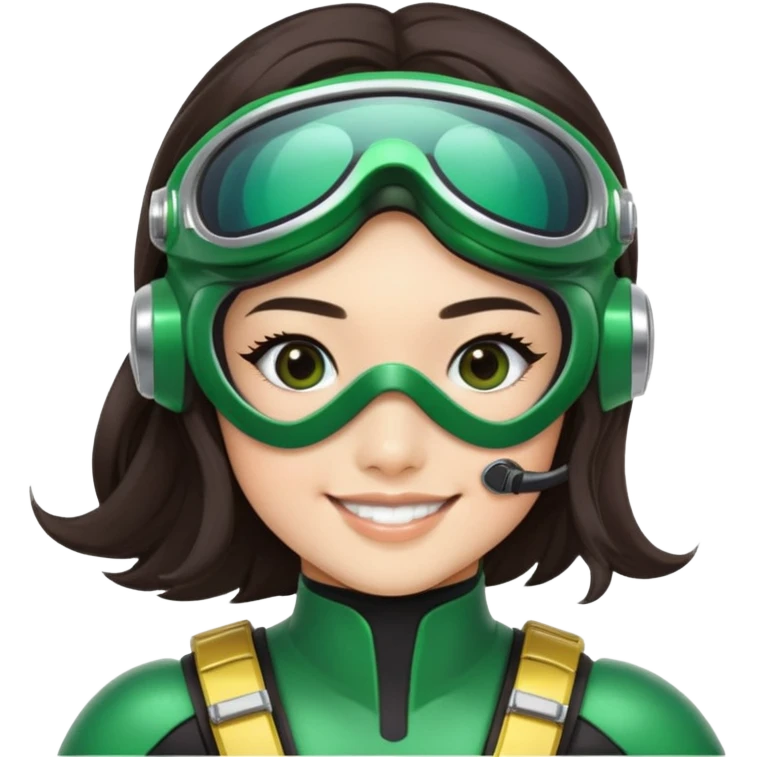 green Power Ranger, Asian girl with long, less wavy dark brown hair, side parting, smiling, wearing scuba goggles emoji