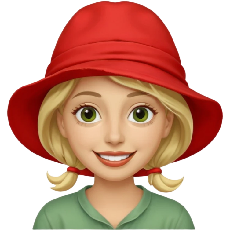 messy green clay mask and red tourist hat blond braided woman big eyes smiling and clay mask on face emoji