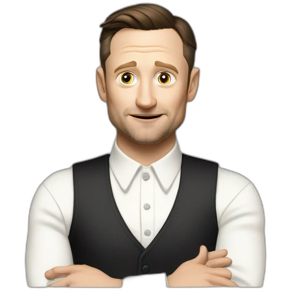 tim robinson dark black slicked back hair white long sleeve ring collar waffle shirt with a light white cream grey vest emoji