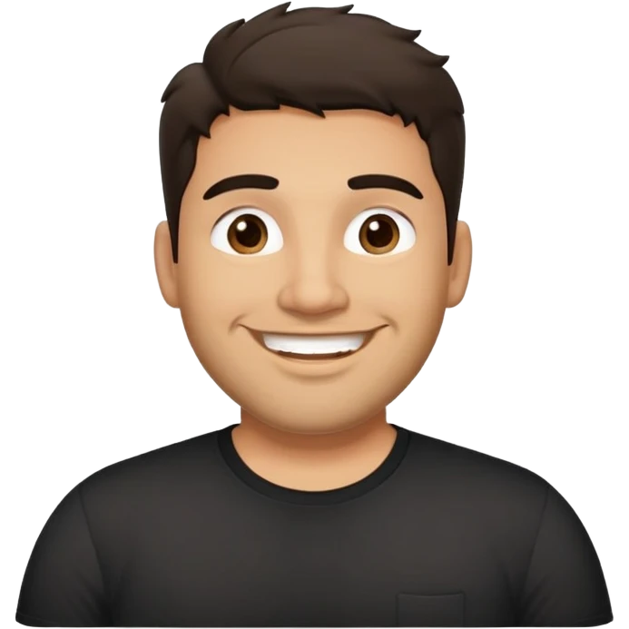 Hombre ancho, cuerpo grande, latino piel canela, cara redonda-ancha, scruff sin barba completa, cejas gruesas, pelo oscuro ondulado flat largo hasta el cuello. Sonrisa amplia, expresión alegre. Camisa negra. Size large.  emoji
