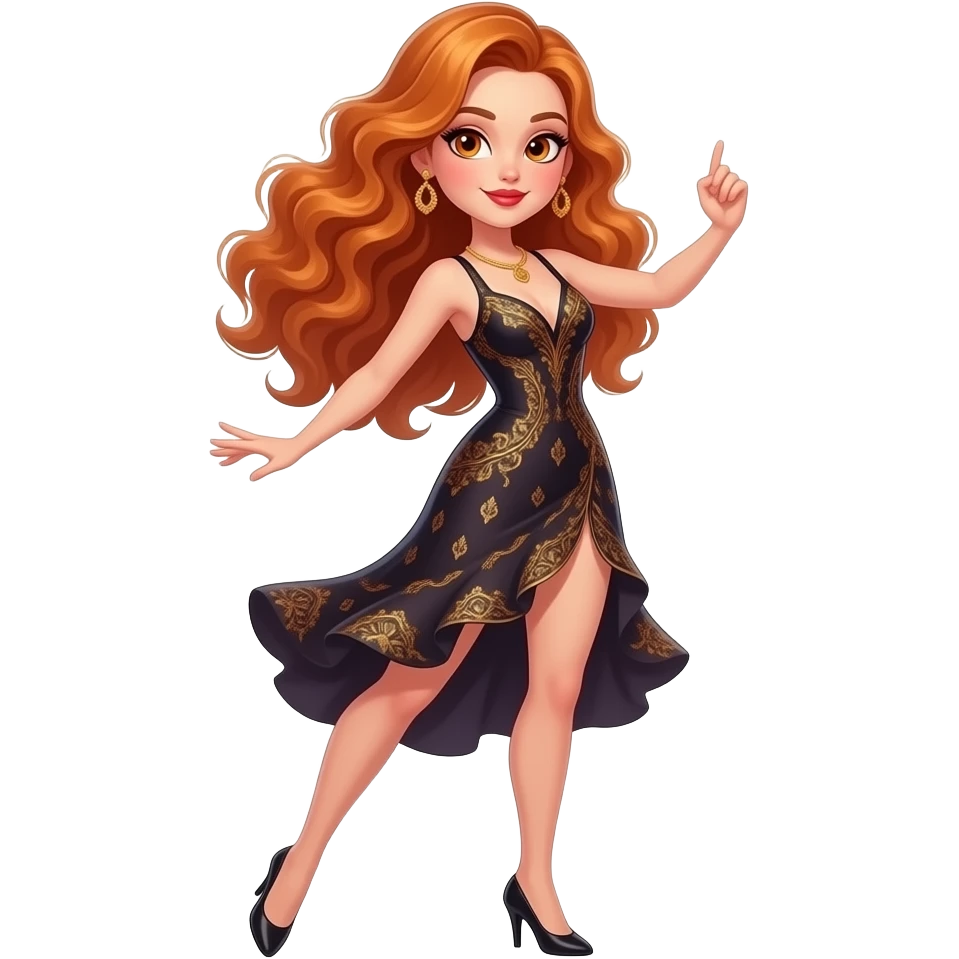sexy girl with long curvy ginger hair and ginger eyes wearing a dress is dancing tango emoji