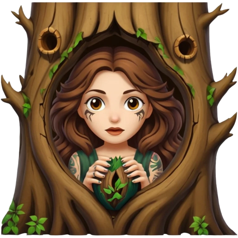 ute forest witch woman long wavy brown hair tattoos peeking from tree hollow emoji
