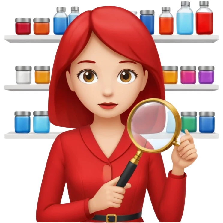 white empty shelf in perspective view with a standing woman nearby, she is looking at the shelfs with a magnifying glass, she is turned to the shelfs, woman wearing a red dress emoji
