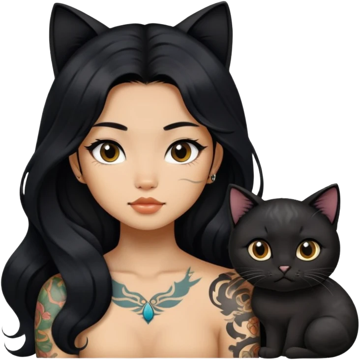 a Chinese girl with long black  Big Wave hair and tattoos and a black round faced cat  emoji