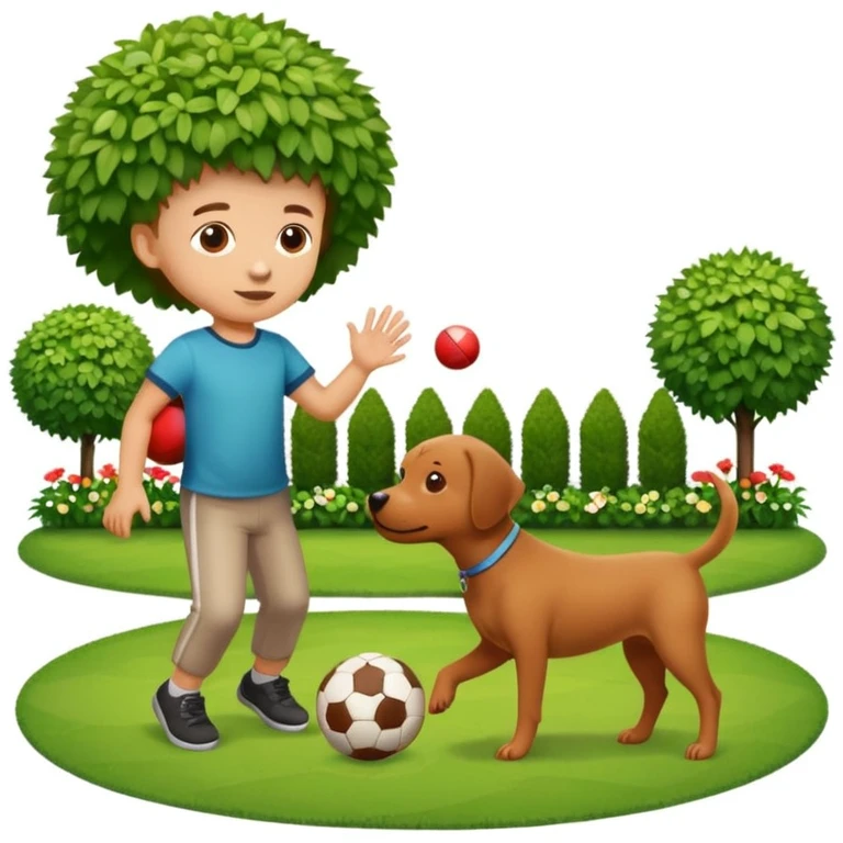 kid and dog playing with ball, garden background emoji