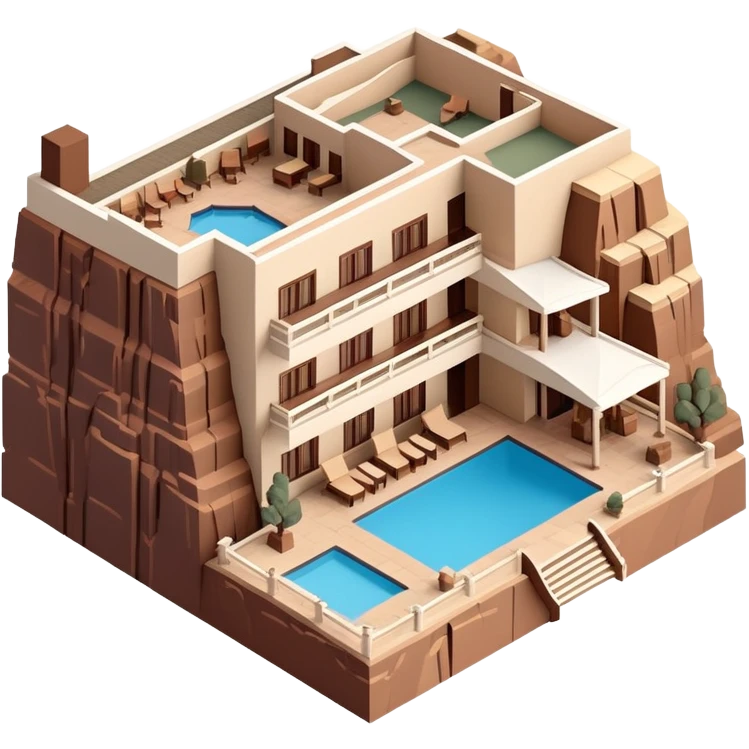 Isometric exterior brown and beige Grand Canyon national park hotel lodge, dollhouse style 3D realistic  emoji